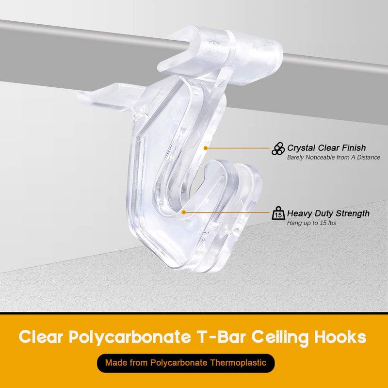 Rustark 30 pcs Drop Ceiling Hanger Kit- 15 pcs Crystal Clear Hinged Polycarbonate T-Bar Clips and 15 pcs Ceiling Tile Hooks for Hanging Plants & Decorations at Classroom, Offices, Hold up to 10lbs - Image 3